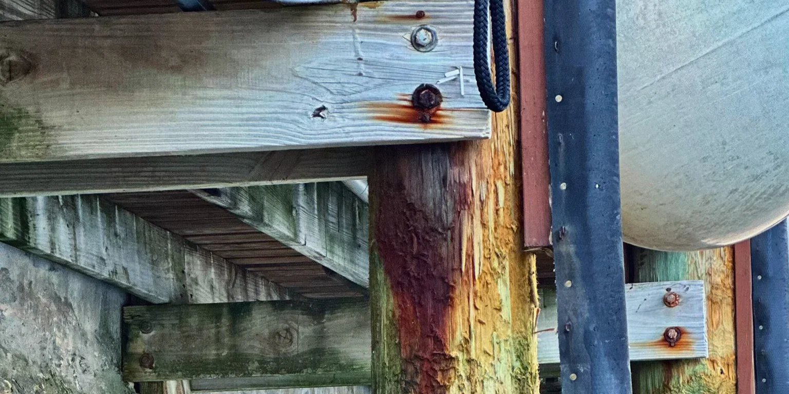 Saltwater corrosion on dock bolts and fasteners, with rust stains visible along weathered wooden support beams.